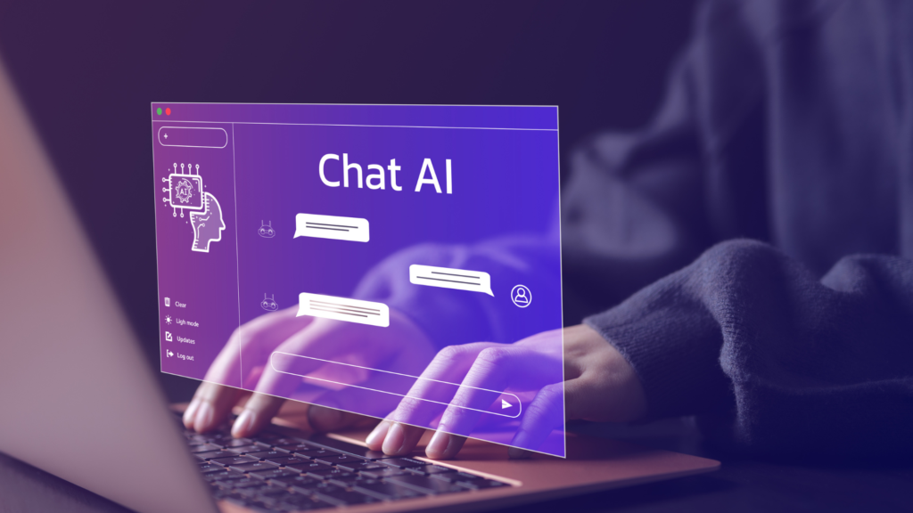 Chat AI interface overlay on laptop with user typing prompts