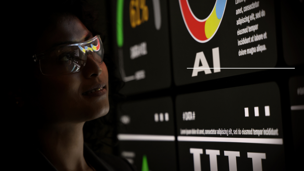 Person viewing AI interface on digital display with smart glasses