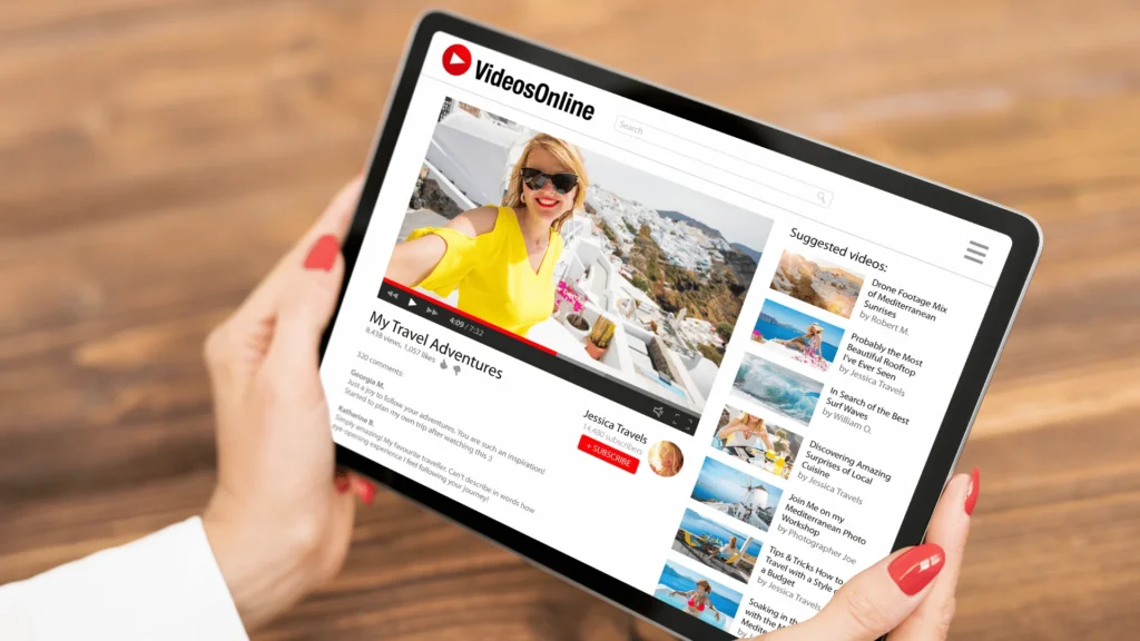 Woman holding a tablet displaying a travel video website with suggested videos