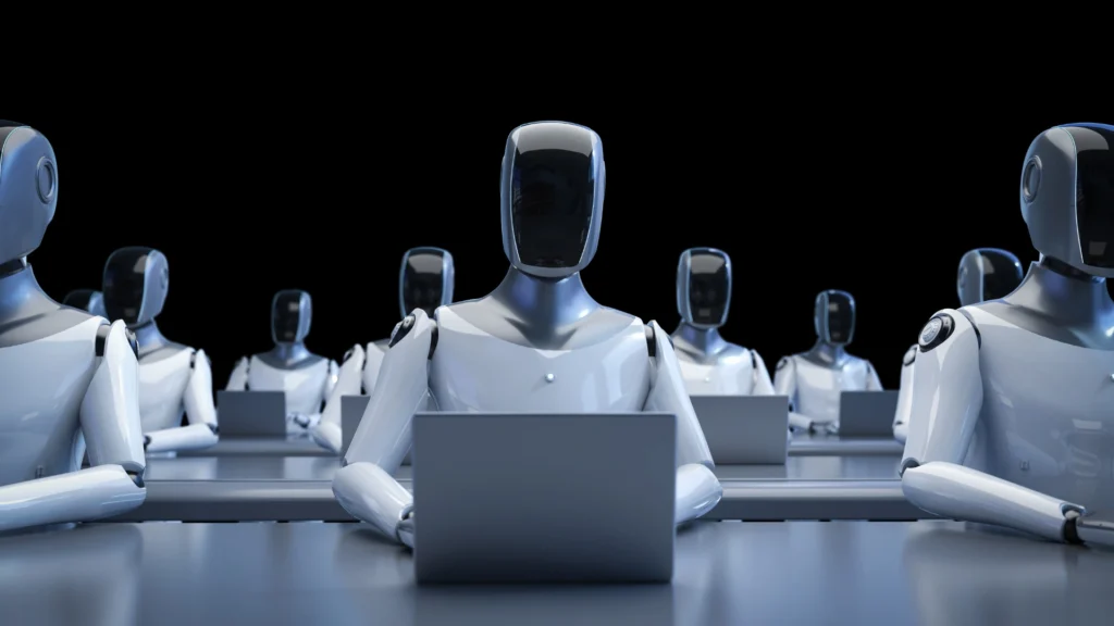 AI robots using laptops to automate digital advertising campaigns.